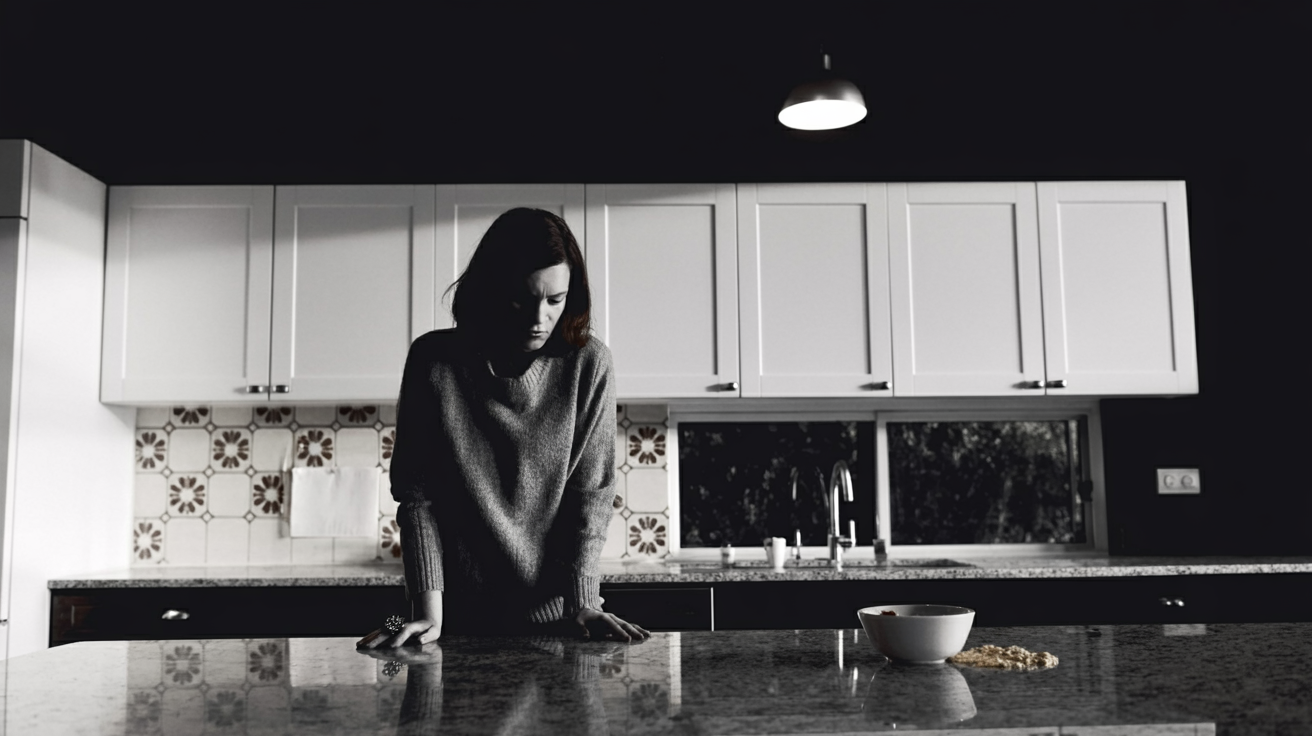 Frau steht mit gesenktem Blick in einer dunklen Küche und stützt sich auf eine Arbeitsfläche